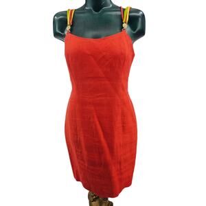 Vintage 90's Santa Fe Red Linen Blend Sheath Midi Dress Tropical Size 8 4080